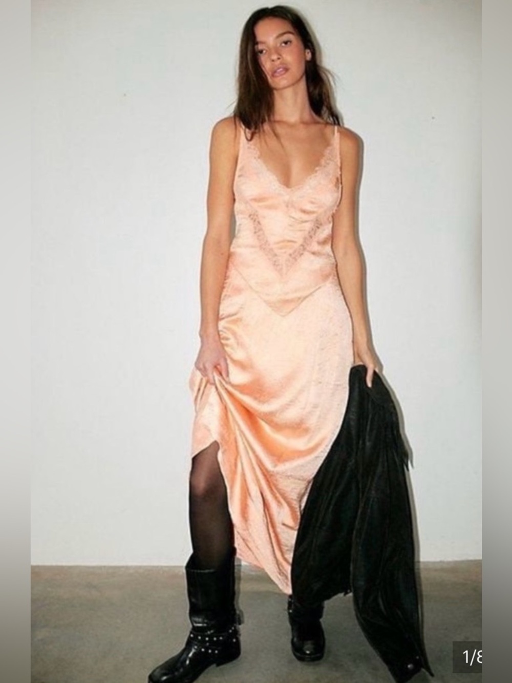 Free People Maybe Forever Maxi Dress Lace Trim Crinkle Satin Peach Size 6